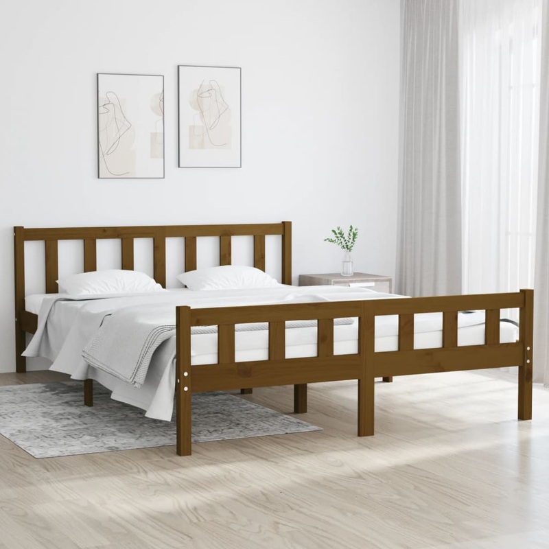 Cadre de lit sans matelas marron miel bois massif