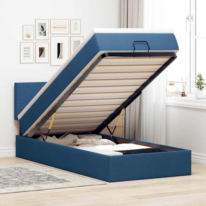 Lit ottoman avec matelas et LED Bleu 100x200 cm Tissu