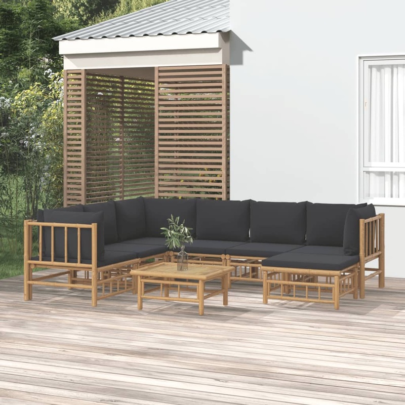 Salon de jardin 8 pcs avec coussins gris fonc bambou