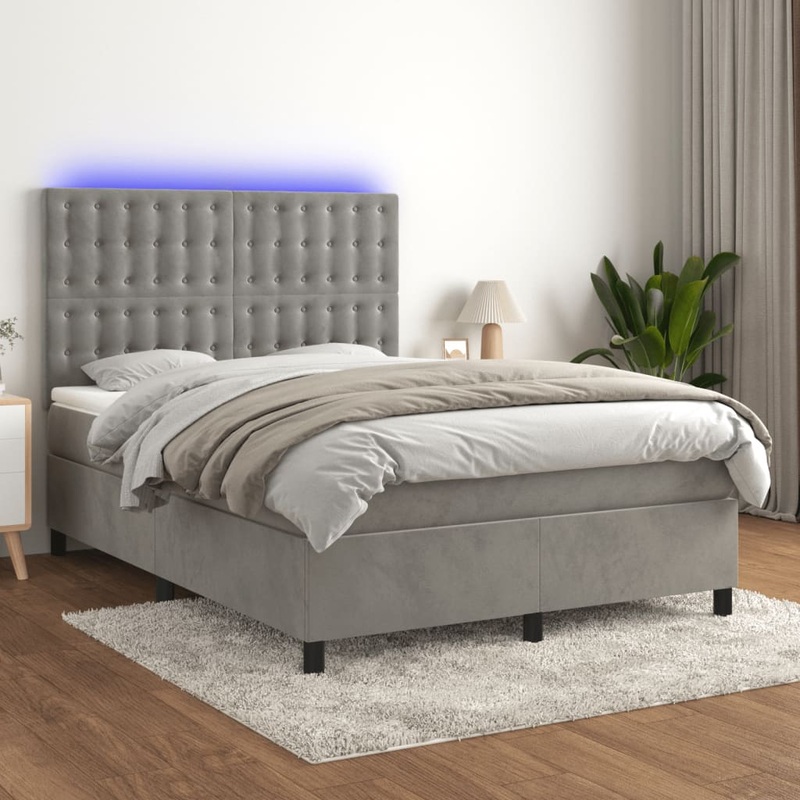 Sommier  lattes de lit matelas et LED Gris clair 140x200 cm