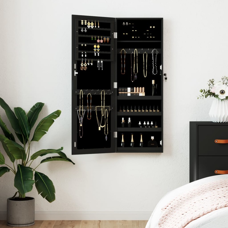 Armoire  bijoux avec miroir murale noir 37,5x10x106 cm