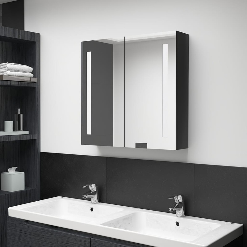 Armoire de salle de bain  miroir LED noir brillant 62x14x60 cm