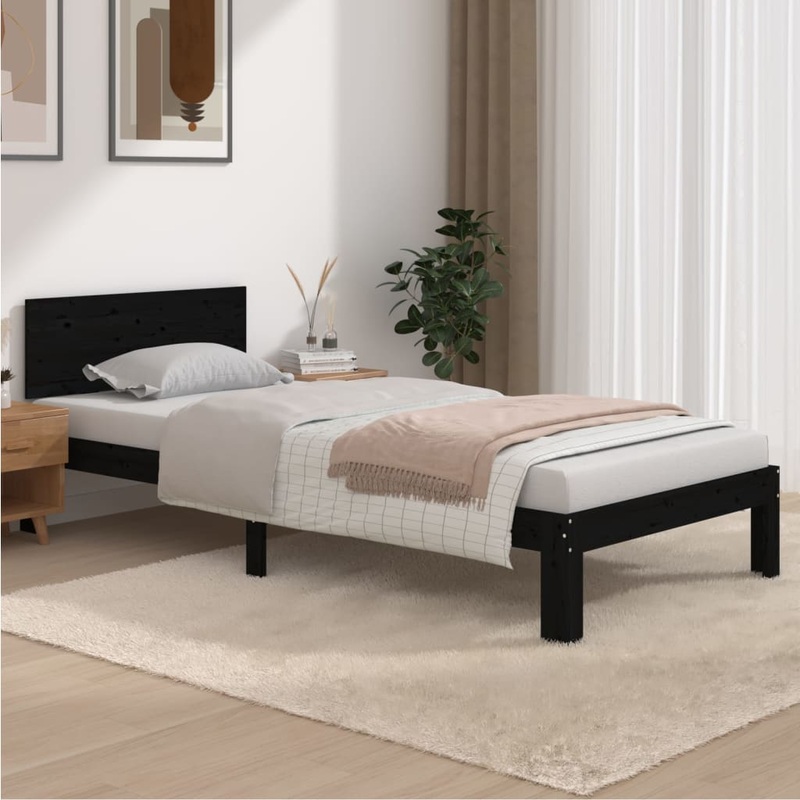 Cadre de lit sans matelas noir bois de pin massif 90x200 cm