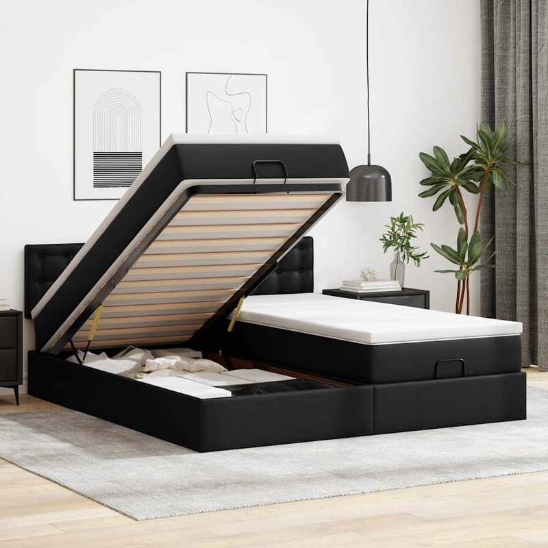 Lit ottoman avec matelas & LED Noir 180x200cm similicuir