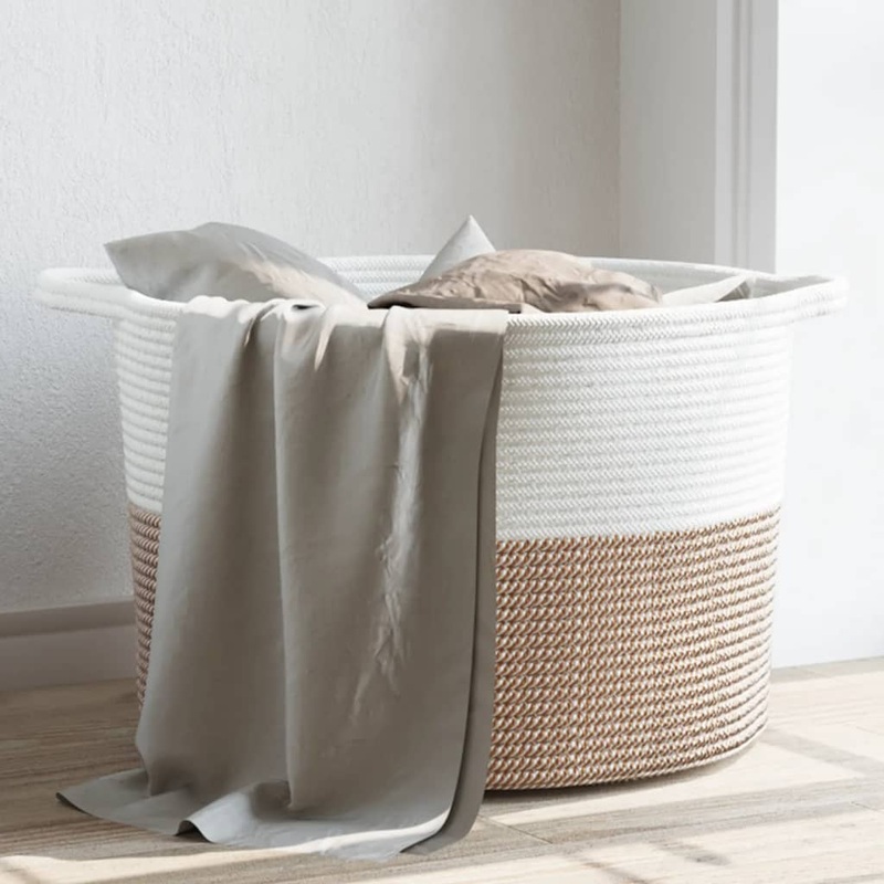 Panier  linge marron et blanc 55x36 cm coton