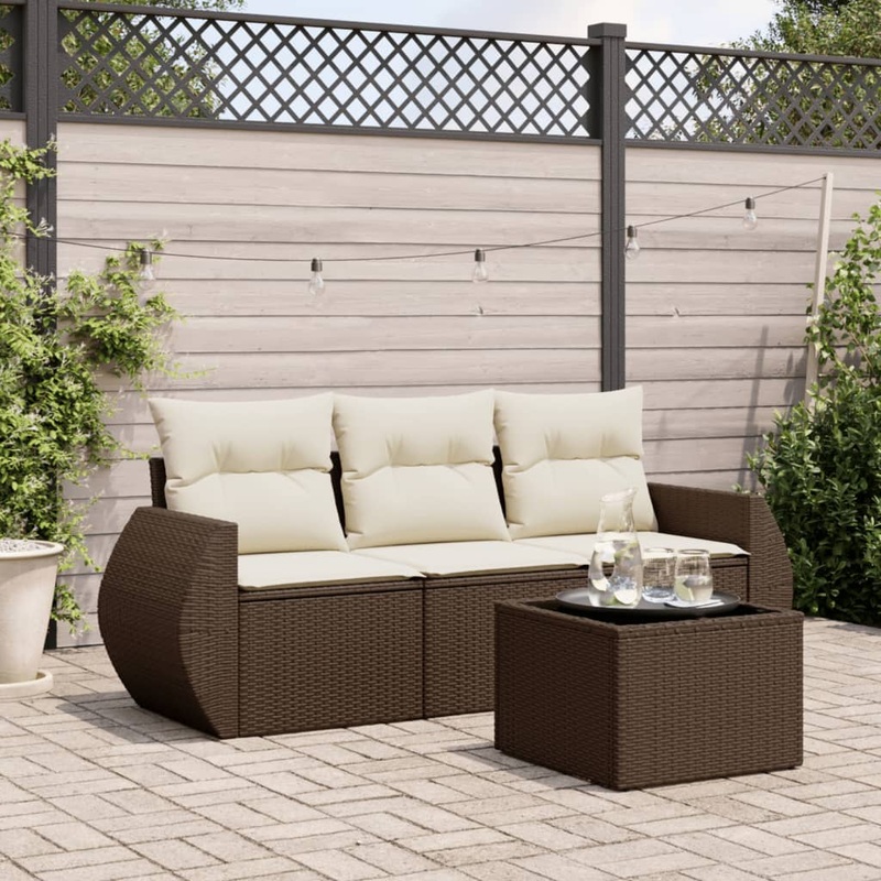 Salon de jardin 4 pcs avec coussins marron rsine tresse
