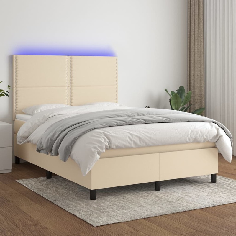 Sommier  lattes de lit et matelas et LED Crme 140x190cm Tissu